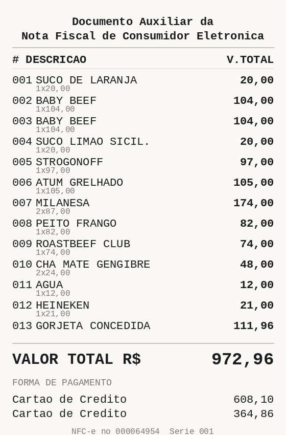 Nota fiscal do restaurante